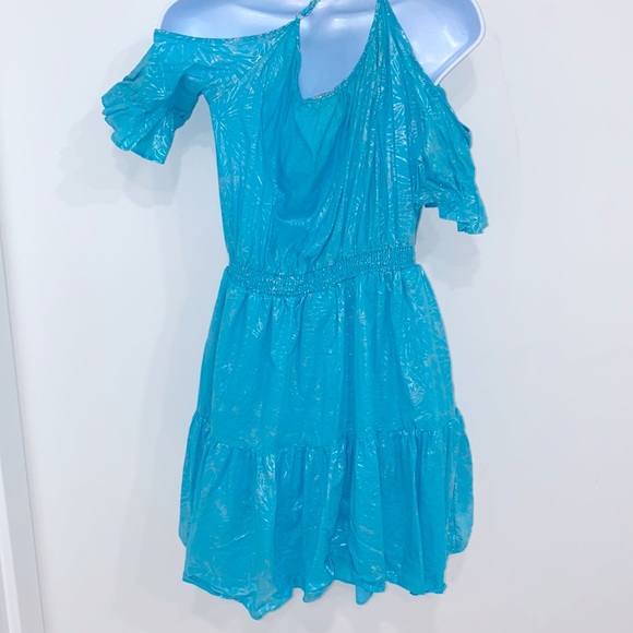 Preowned L Michael Kors Foil Print Cold Shoulder Turquoise dress size L - Picture 7 of 7